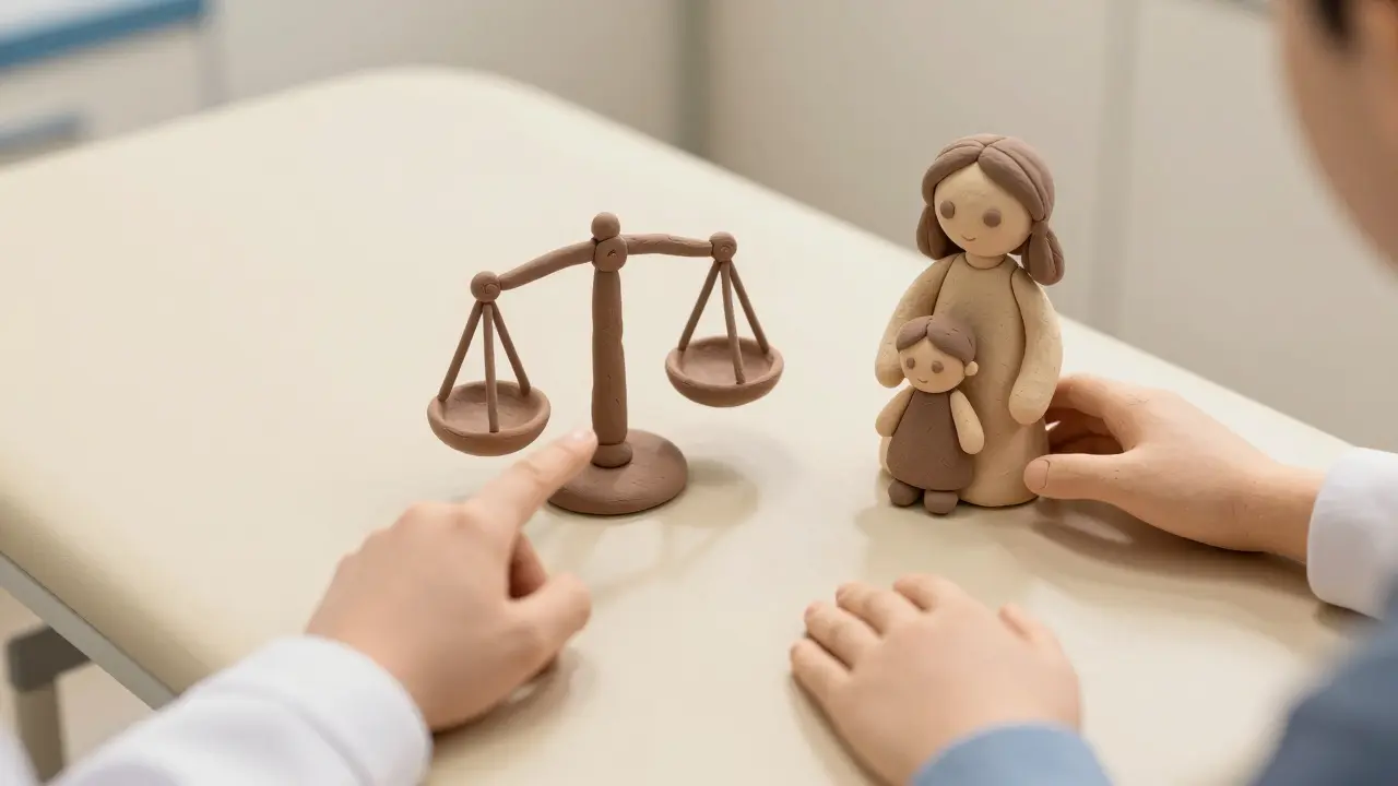 Consultation médicale en style argile montrant l'évaluation des risques partagée