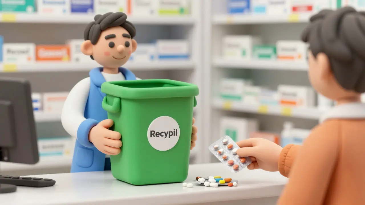 Dépôt sécurisé de médicaments dans une boîte Recypil