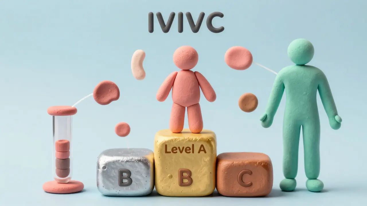 Illustration en argile montrant la hiérarchie des niveaux de corrélation IVIVC sur un podium.