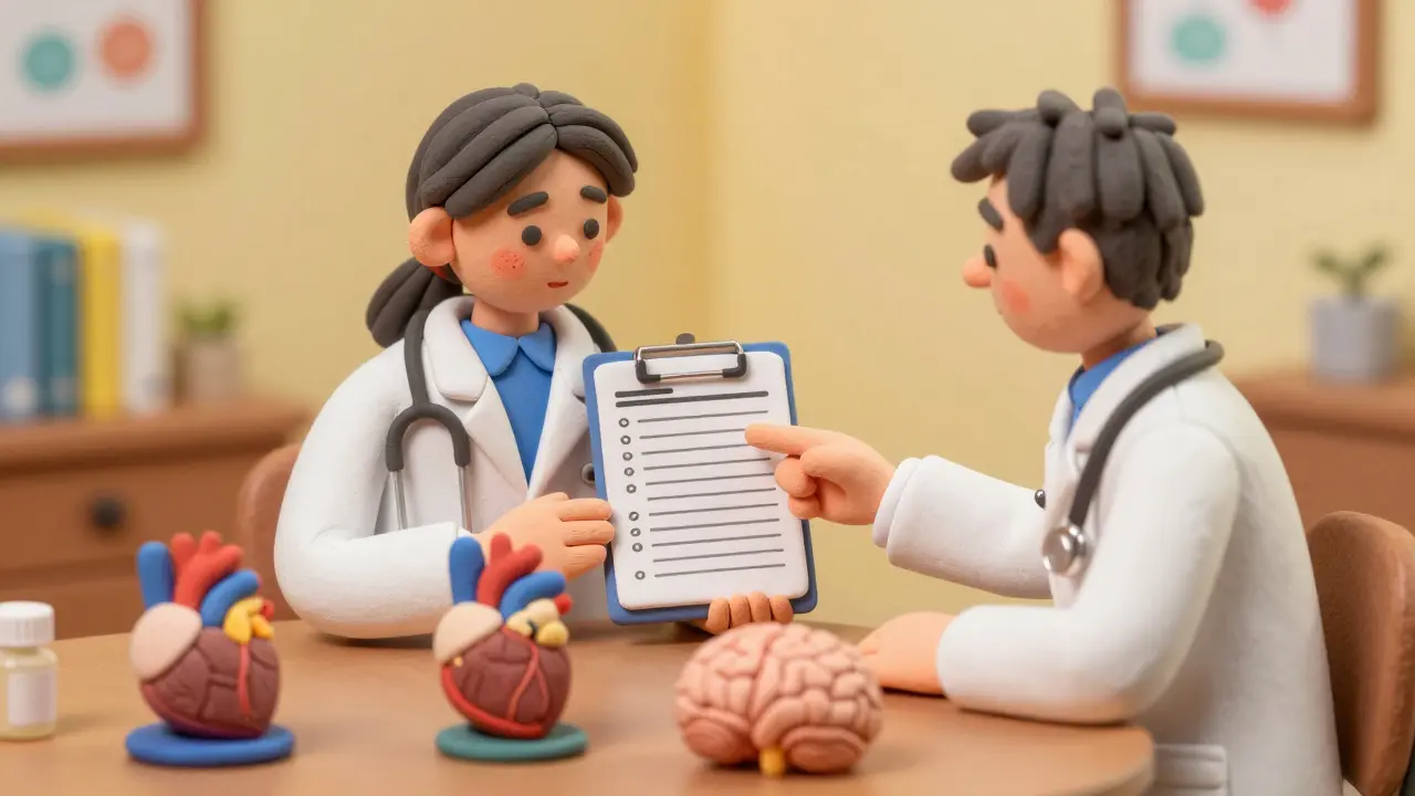 Médecin et patient discutent des résultats d'analyse dans un cadre rassurant.