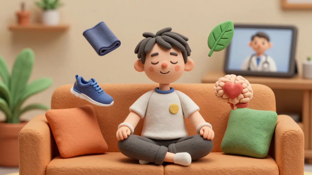 Personne pratiquant la méditation avec des icônes de bien-être naturel