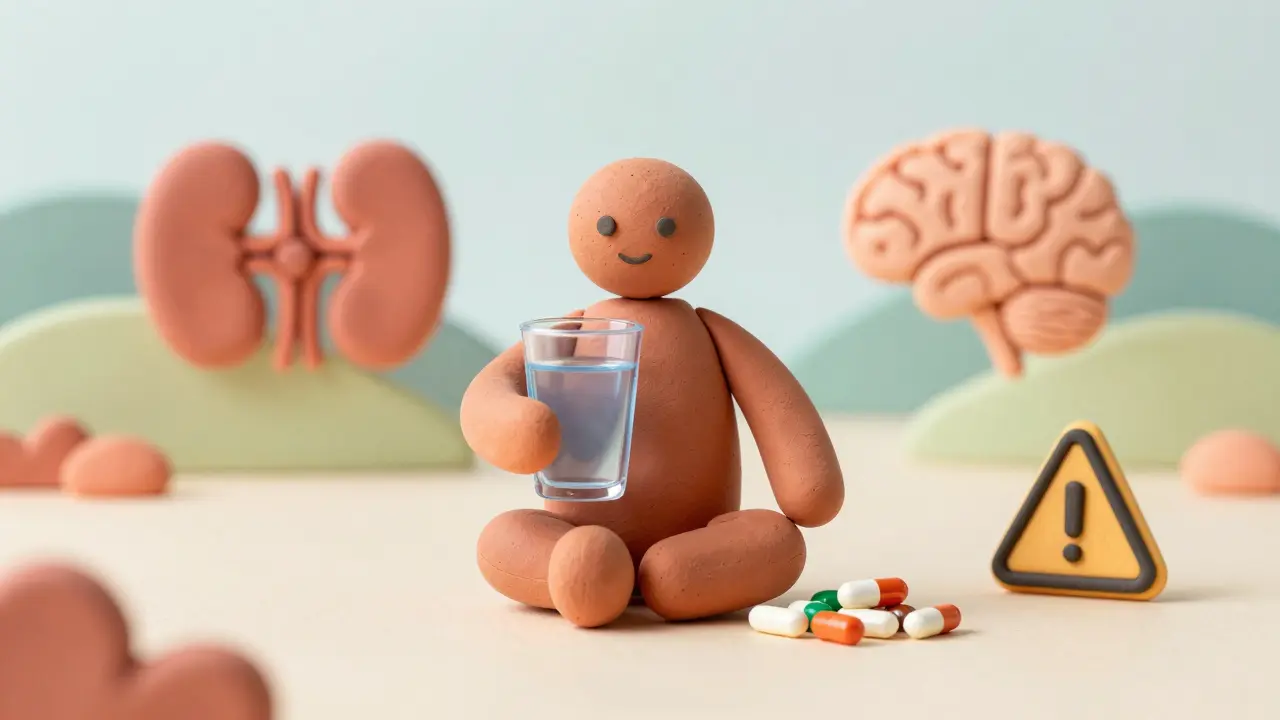 Prise de médicaments génériques avec verre d'eau et symboles de santé