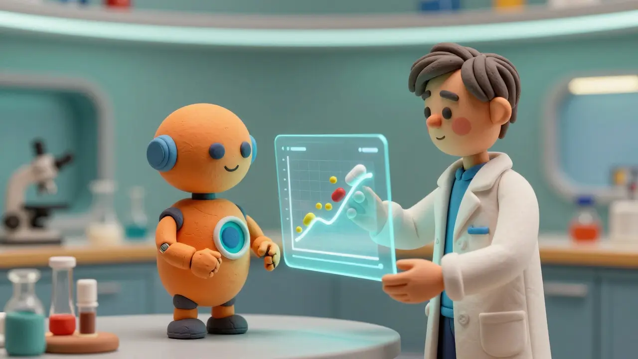 Robot en argile et scientifique collaborant sur un modèle prédictif de médicament futuriste.