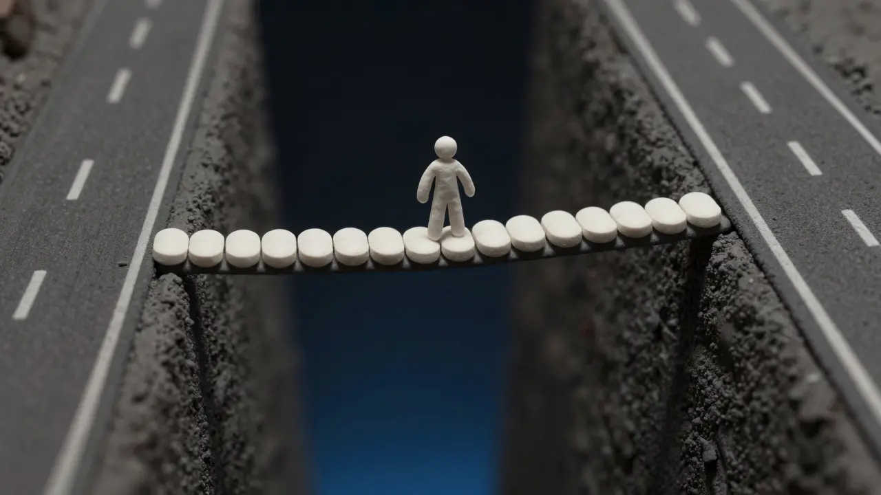 Une métaphore visuelle : une personne sur un pont étroit entre la sécurité et le danger.