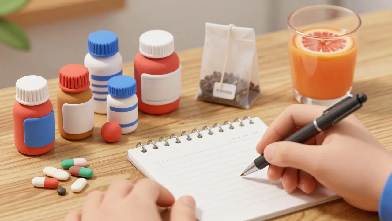 Liste de médicaments et compléments sur un bureau