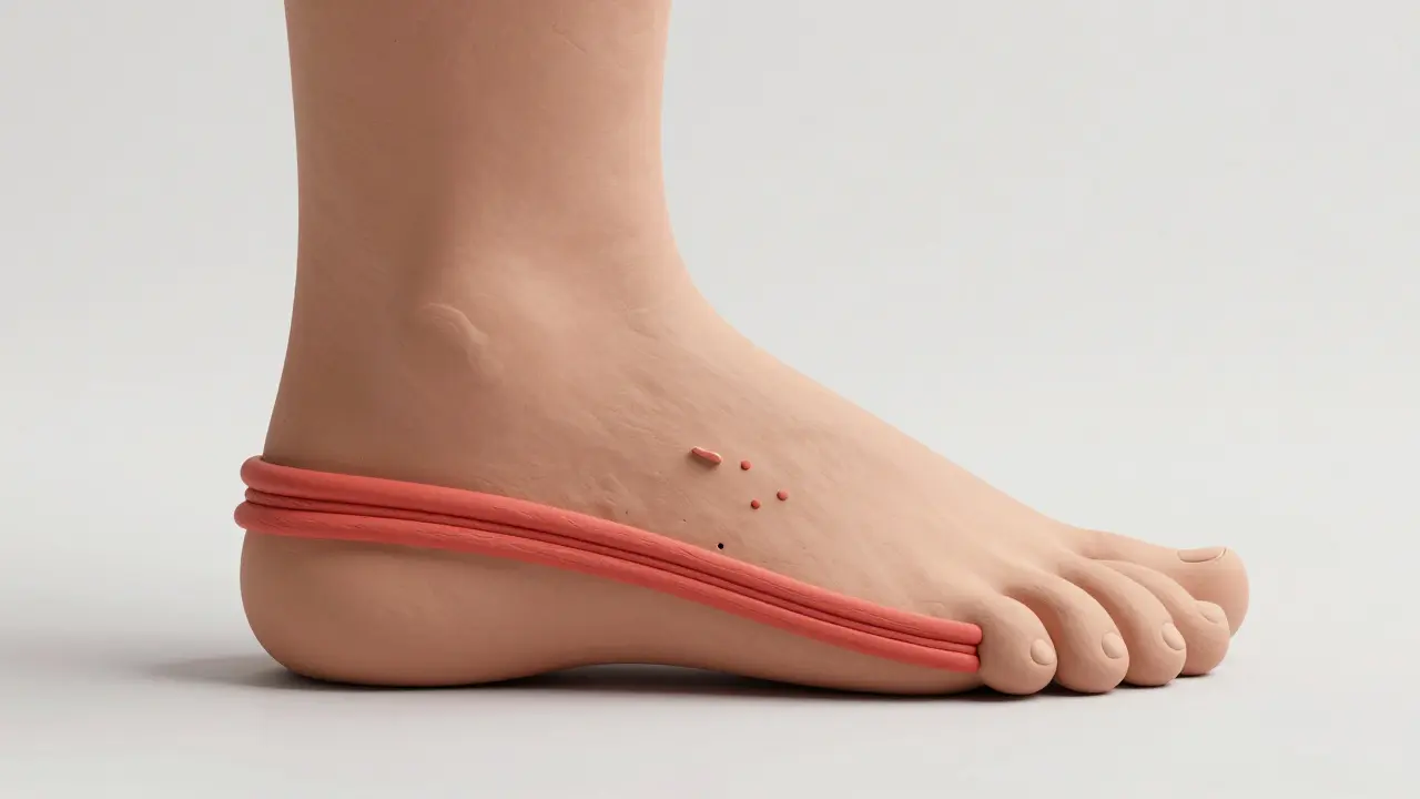 Modèle en argile montrant la bande élastique du fascia plantaire tendue et endommagée.