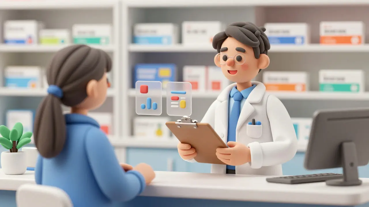 Pharmacien consultant un patient au comptoir