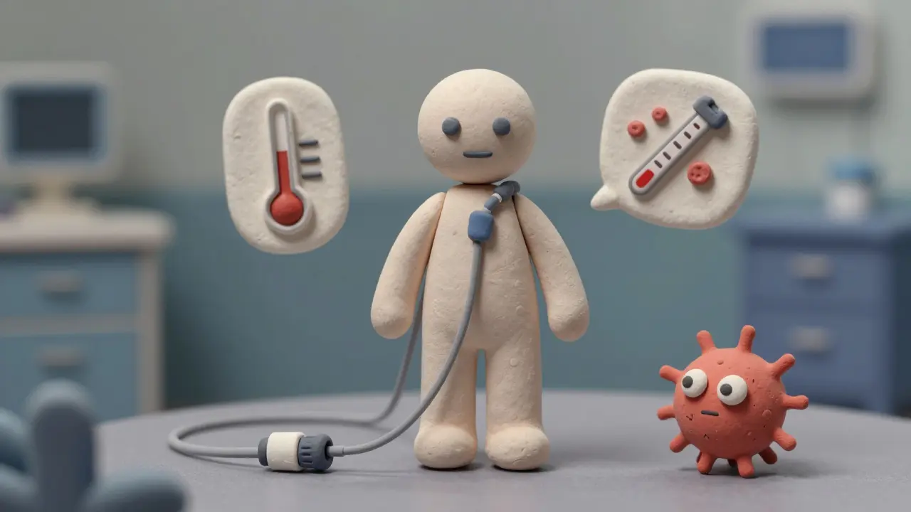 Scène en pâte à modeler illustrant les risques liés aux cathéters et à l'immunosuppression chez un patient.