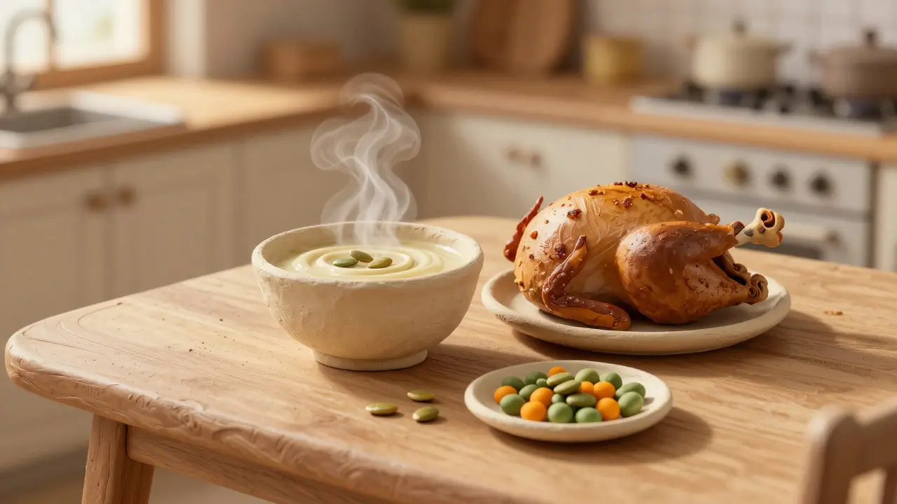 Bol de soupe et dinde en argile sur une table, illustrant les sources alimentaires