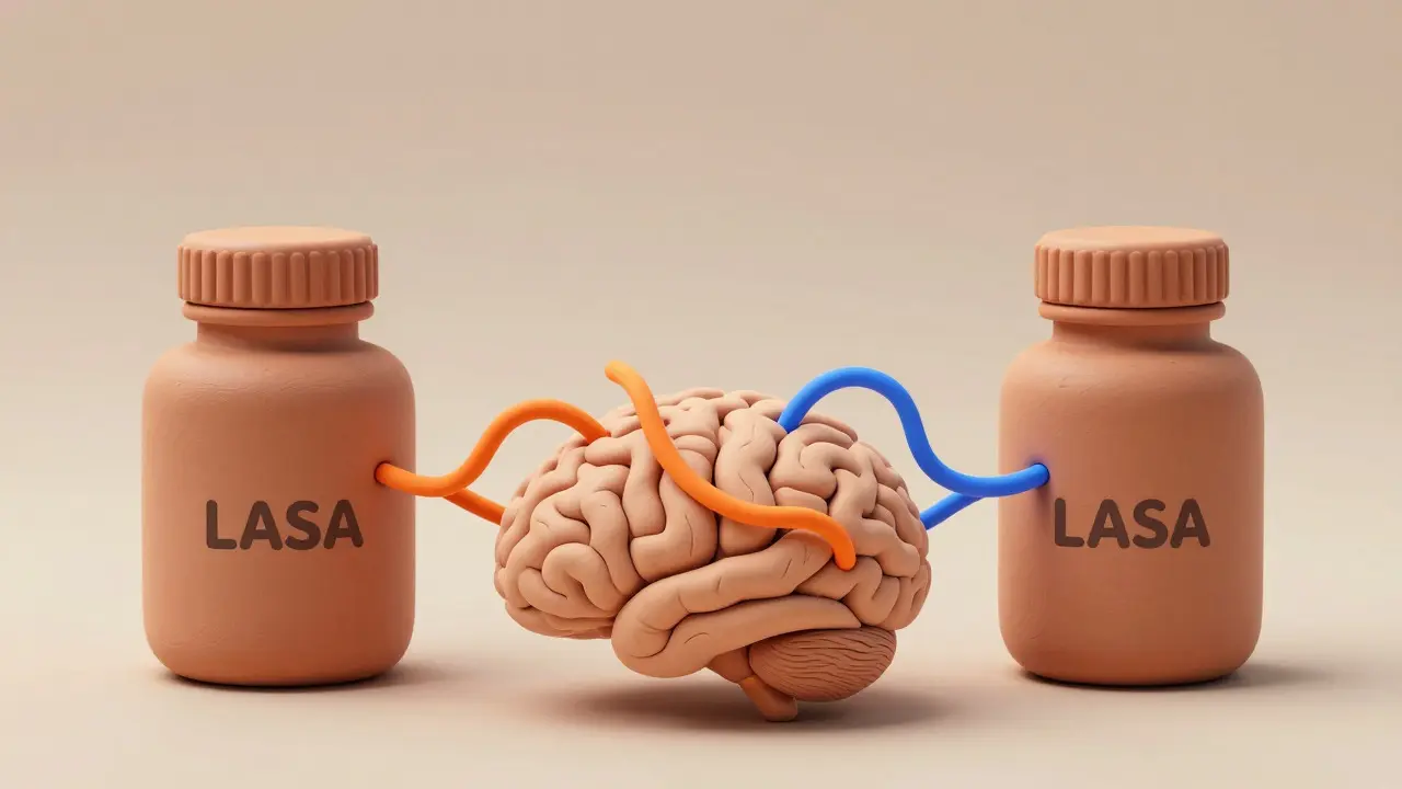 Cerveau en argile connecté à des flacons de médicaments identiques