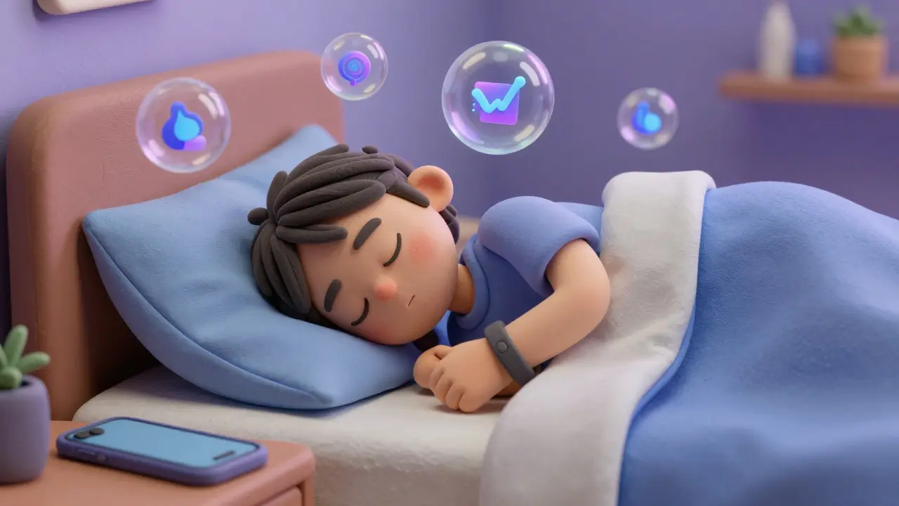 Personnage dormant paisiblement avec des symboles abstraits de régularité du sommeil