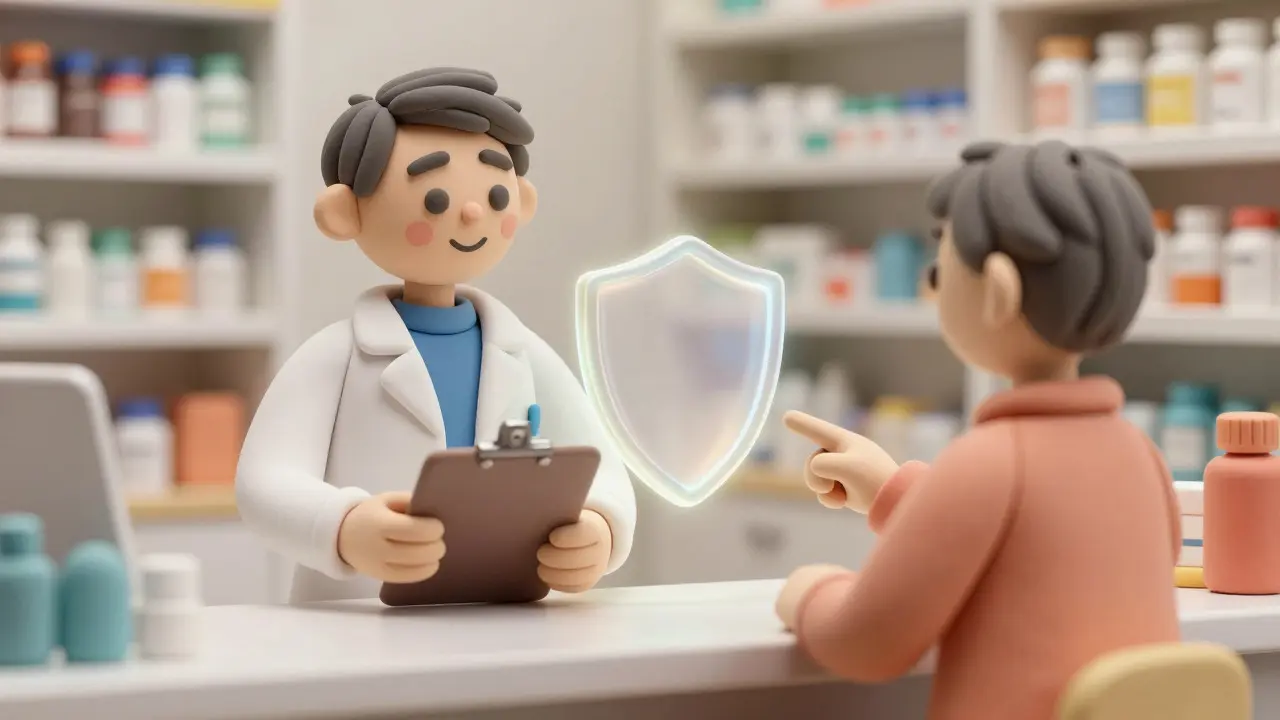 Pharmacien en argile conseillant un patient protégé