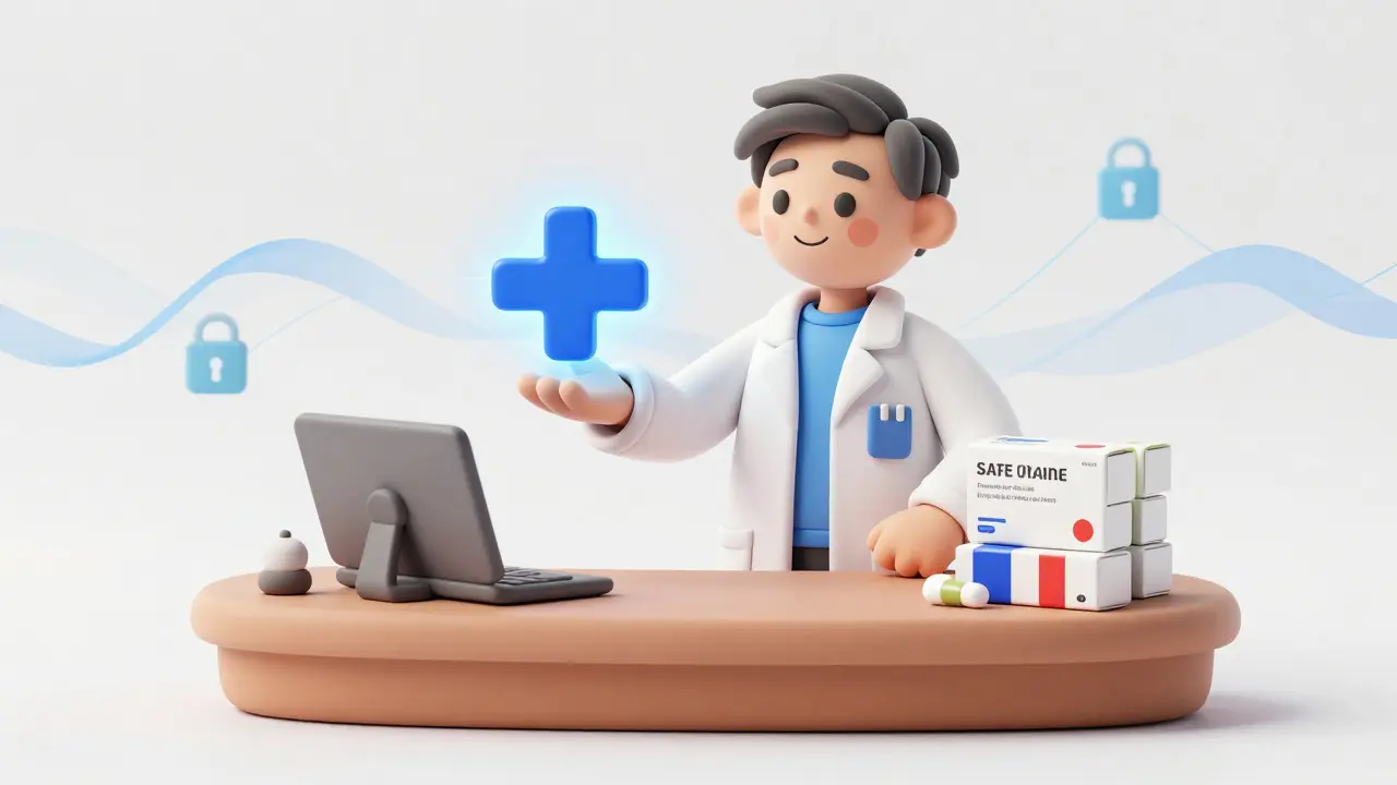 Pharmacien stylisé tenant le logo de pharmacie certifiée française