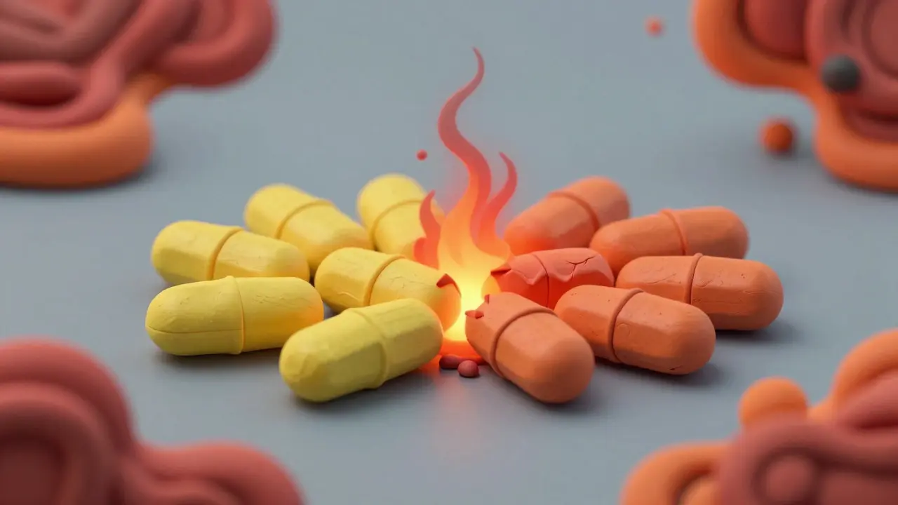 Pills d'argile jaunes et oranges fusionnant dangereusement avec de la vapeur rouge