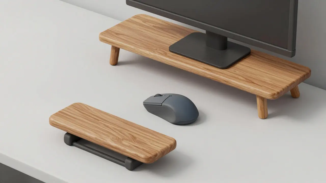 Accessoires ergonomiques en argile : souris verticale, support d'écran et repose-pieds