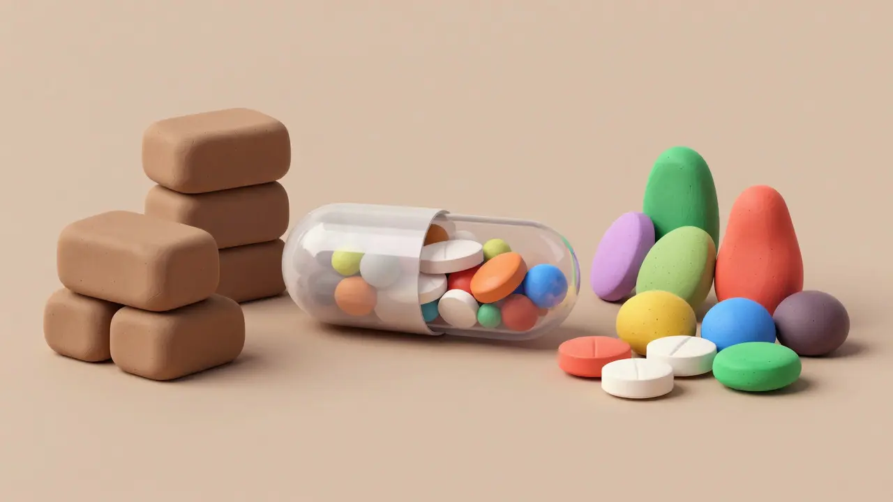 Capsule ouverte en argile montrant les excipients colorés à l'intérieur