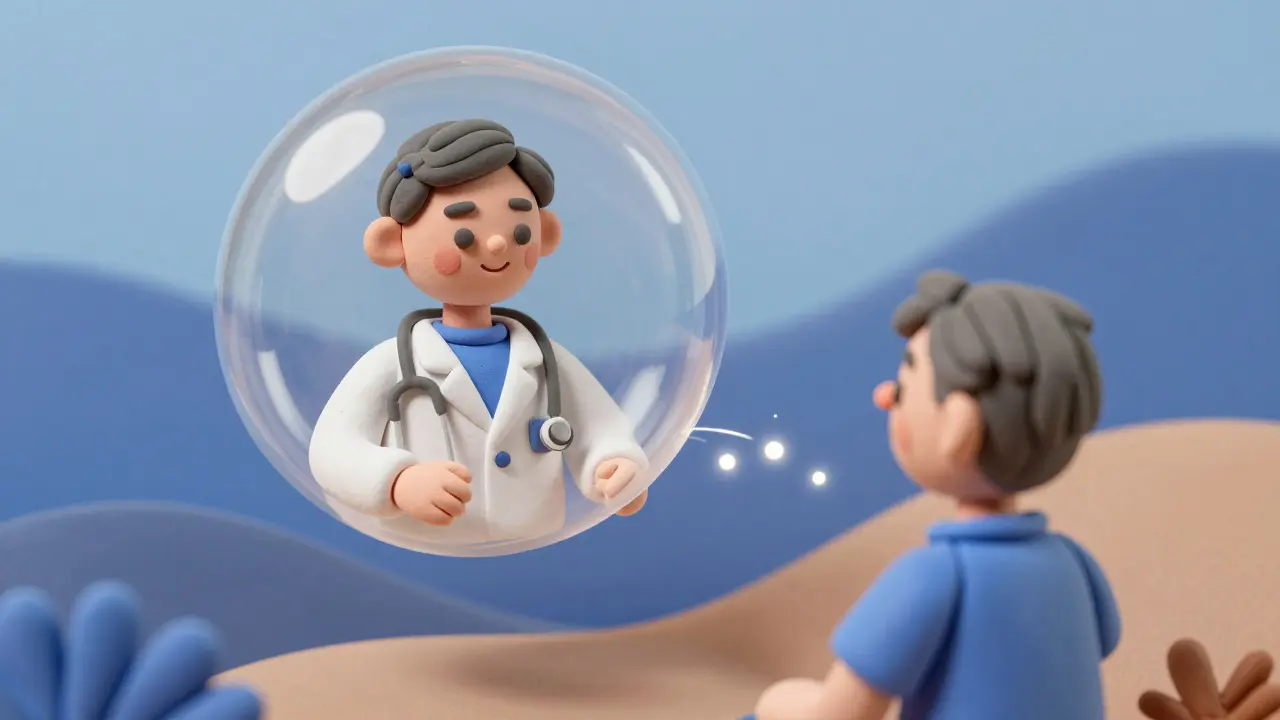 Consultation télémedecine illustrée par des personnages en argile et des bulles flottantes