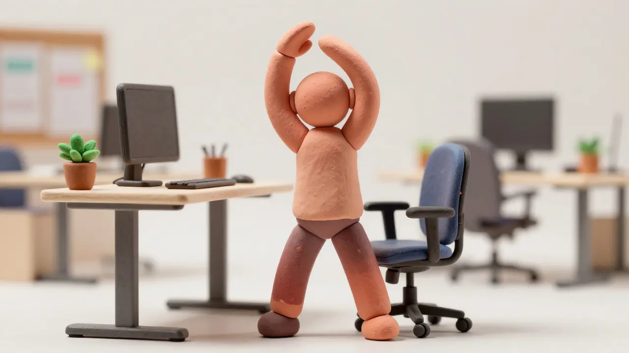 Figure en argile effectuant des étirements debout près d'un bureau assis-debout