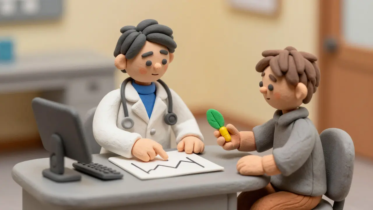 Médecin et patient discutant d'un graphique de stabilité INR en style argile