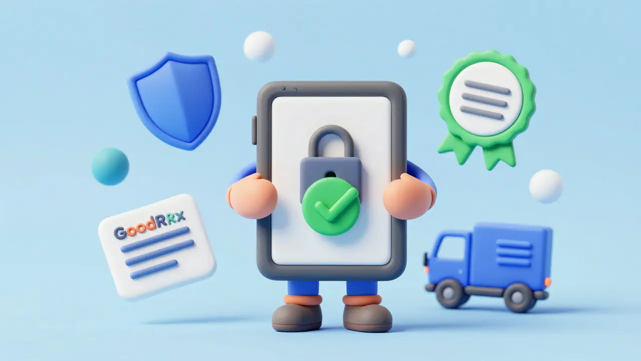 Personnage joyeux tenant une tablette avec des symboles de sécurité pour les pharmacies en ligne.