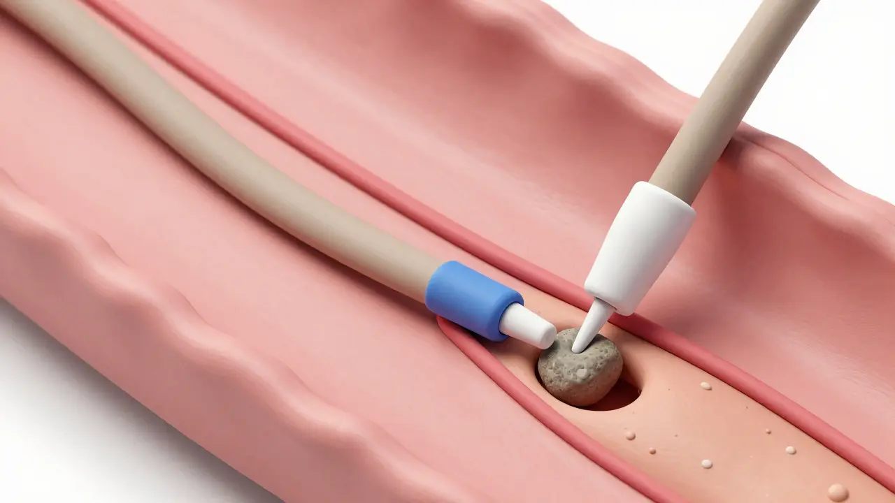 Procédure CPRE montrant l'extraction d'un calcul par endoscopie