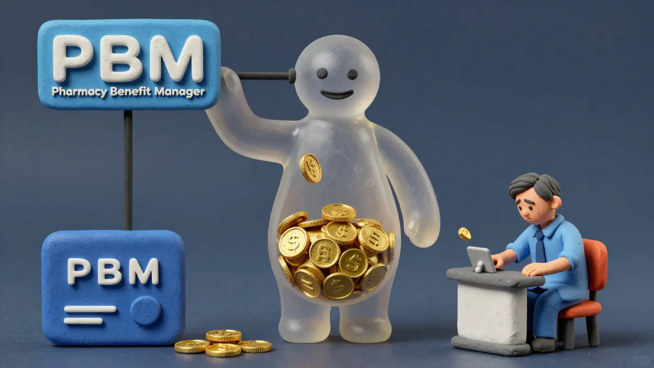 Une illustration en pâte à modeler montre les intermédiaires captant les profits pharmaceutiques.