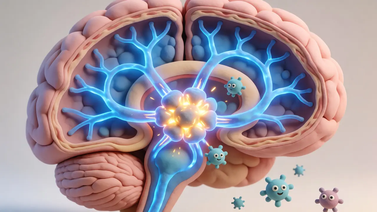 Illustration du cerveau montrant l'activité neuronale et les mécanismes biologiques de la migraine.