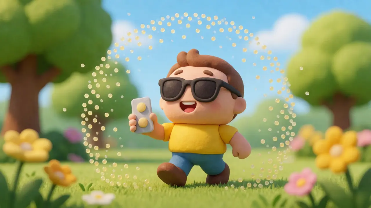 Personnage en argile actif dans un parc printanier, protégé par un bouclier contre les pollens grâce aux antihistaminiques modernes.