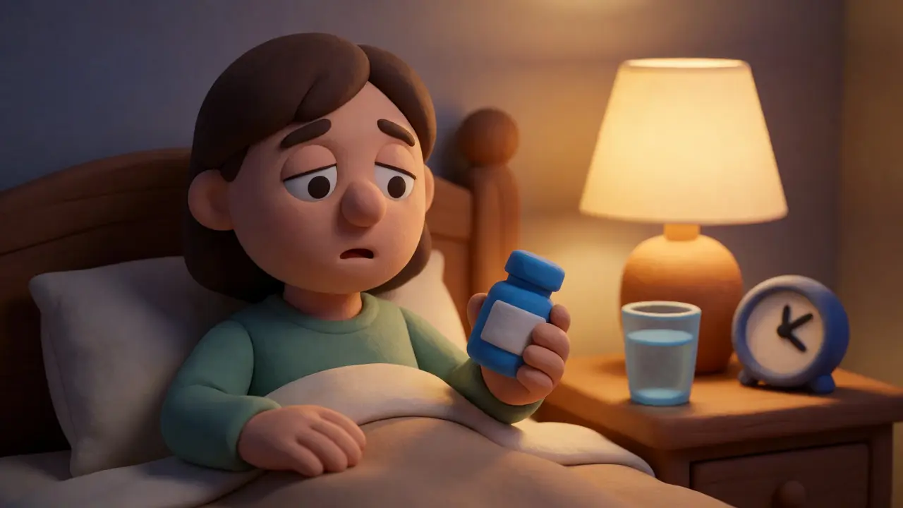 Personnage en argile dans un lit la nuit, illustrant l'utilisation sédatrice des antihistaminiques pour l'insomnie allergique.