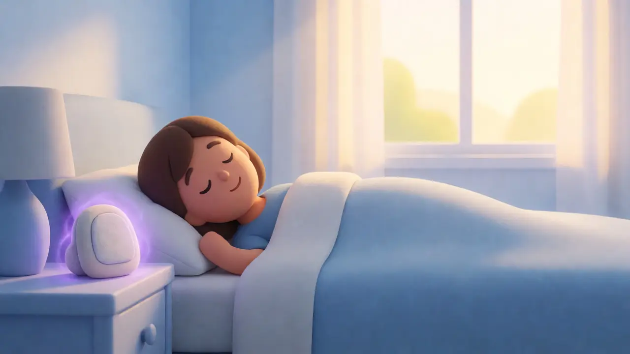 Personne reposant paisiblement dans un lit avec un dispositif de neuromodulation sur la table de nuit.